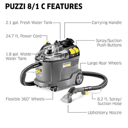 Kärcher Puzzi 8/1 C Commercial Carpet Extractor 12.5 PSI - Spot Cleaner, Stain Remover, Area Rugs, Car and Auto Detailing, Carpet and Upholstery Cleaner - Onboard Accessory Storage - 3.9 Gallon Tank
