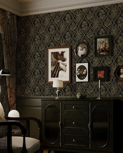 Toduso Peel and Stick Wallpaper Vintage Wall Paper Boho Contact Paper Black and Gold Floral Removable Wallpaper for Bathroom Bedroom Flower Waterproof Self Adhesive Vinyl Drawer Decor 17.3"x393.7"