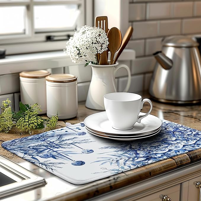 Christmas Tree Dish Drying Mat for Kitchen Counter 18x24 Inch Blue White Chinoiserie Winter Xmas Holiday Drying Mats Microfiber Absorbent Dish Draining Reusable Dish Drainer Pad