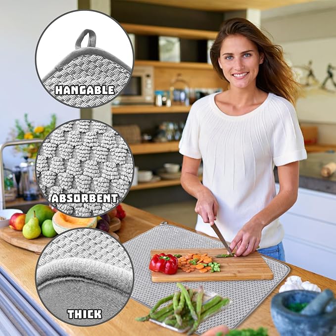 2Pcs XXL Dish Drying Mat,Absorbent Microfiber Dish Drainer Mats,Kitchen Counter Pads for Coffee Countertops,Sinks,Draining Racks(24×17",Gray)