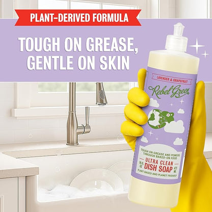 Rebel Green Super Deluxe Dish Soap - Natural Kitchen Dish Detergent - Gentle Dish Liquid Scented with Lavender & Grapefruit - (1 Gallon Refill Bottle)