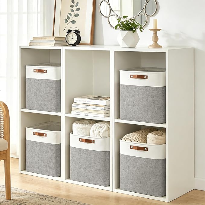 Large Fabric Storage Baskets | 50L Storage Bins, Decorative Linen Closet Baskets with Handles for Organizing, Shelf, Toys, Clothes, Home, Office, Nursery, 17x12x15Inches (Grey&White)
