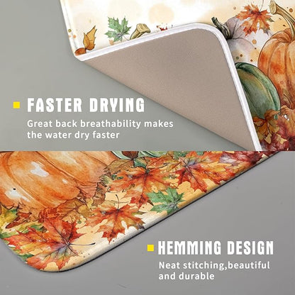 Fall Dish Drying Mat for Kitchen Counter 16×18 Inch Orange Pumpkin Drainer Pad Rustic Autumn Dish Rack Pad Drainer Mat Thanksgiving Absorbent Reversible Microfiber Dish Drying Pad for Coffee Bar