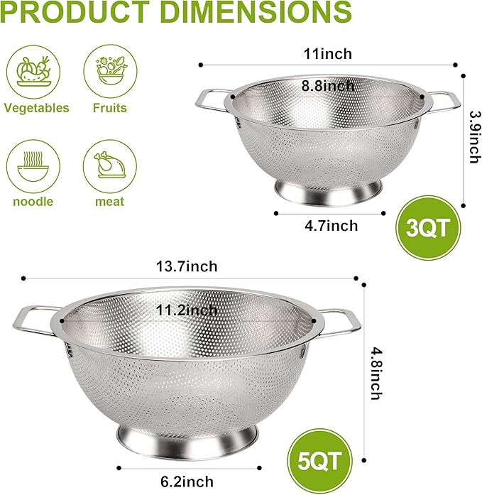 Gulex Colander Stainless Steel 3-Quart, Strainer for Kitchen Food, Dishwasher Safe