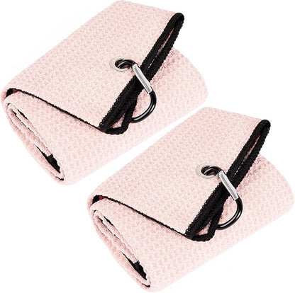 Mile High Life Tri-fold Golf Towel | 16" X 24" | Premium Microfiber Fabric | Waffle Pattern | with Heavy Duty Carabiner Clip | for Men and Women (2 Pack Pink)