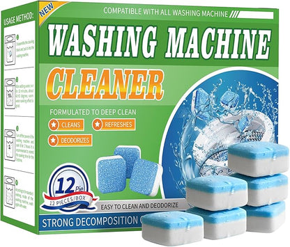 Washing Machine Cleaner Tablets 12 Pack - Deep Cleaning Tablets for HE Front & Top Load Washers, Septic Safe, Eco-Friendly, Removes Residue & Odors