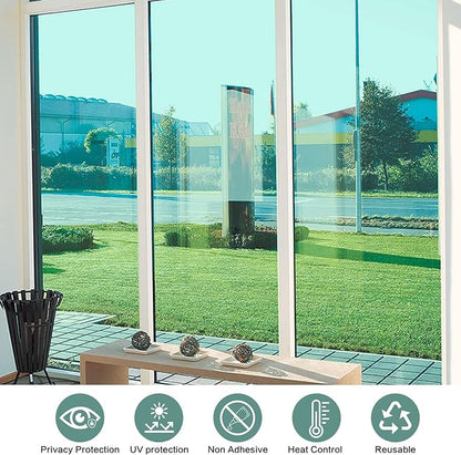 Filmgoo Window Privacy Film One Way Daytime Mirror Tint Treatments UV Heat Control Vinyl Stickers Sun Block Glass Paper Door Covering Reflective,Green Silver,17.5 Inch x 15.7 Feet