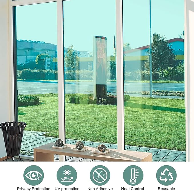 Filmgoo Window Privacy Film One Way Daytime Mirror Tint Treatments UV Heat Control Vinyl Stickers Sun Block Glass Paper Door Covering Reflective,Green Silver,17.5 Inch x 7.8 Feet