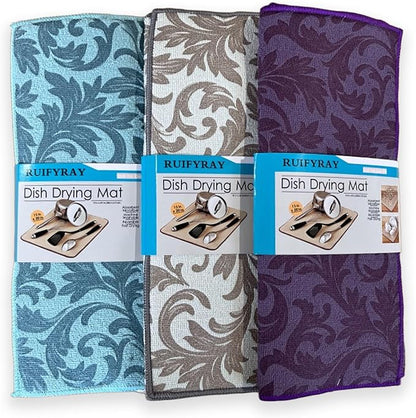 Microfiber Dish Drying Mat 3PCS, 20"X15" Large, Ultra Absorbent & Quick Drying for Kitchen Counter, Hand and Machine Washable
