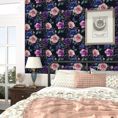 Deep Purple and Blue Roses Peel and Stick Wallpaper 17.5"X118" Gothic Vintage Floral Contact Paper Vinyl Waterproof Self Adhesive Removable Black Background Wall Decor for Bedroom Walls Cabinet Locker