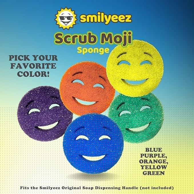 The Original Scrub Moji Scrubbing Sponge by Smilyeez (Set of 3) - Blue - Temperature-Responsive Polymer Foam, Stain and Odor Resistant, Ideal for Kitchen and Bathroom Cleaning