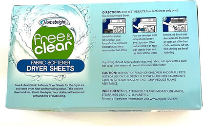 Homebright Free & Clear Fabric Softener Dryer Sheets, Perfume Free, Dye Free, Controls Static Cling, 40 Sheets