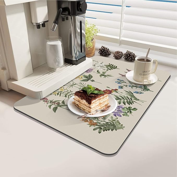 LOKHOM Dish Drying Mat for Kitchen Counter, 12"x20" Absorbent Coffee Bar Mat with Vintage Sage Flower Herbs, Dish Drainer Rack Mat for Kitchen Counter