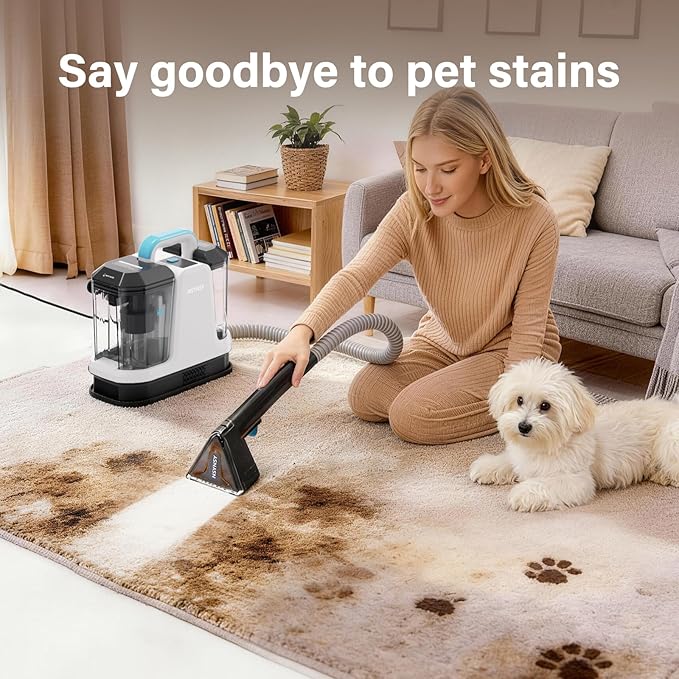 Portable Carpet & Upholstery Spot Cleaner, Compact Strong-Suction Machine with Scrubbing Brush, Removes Pet Stains, Spills & Dirt from Furniture, Stairs, Rugs, Mattresses & Car Interiors