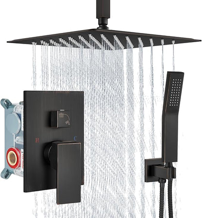 Aolemi Ceiling Mount Shower System Rain Shower Head with Handheld Spray High Pressure Shower Faucet Set Rough-in Valve Shower Trim Kit Included Bathroom Oil Rubbed Bronze 16 Inch Ceiling Shower Head