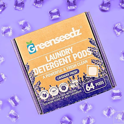 Greenseedz Laundry Pods, Fresh Lavender Scent, 64 Pacs, Eco Friendly, Powerful Clean, Biodegradable, HE Compatible