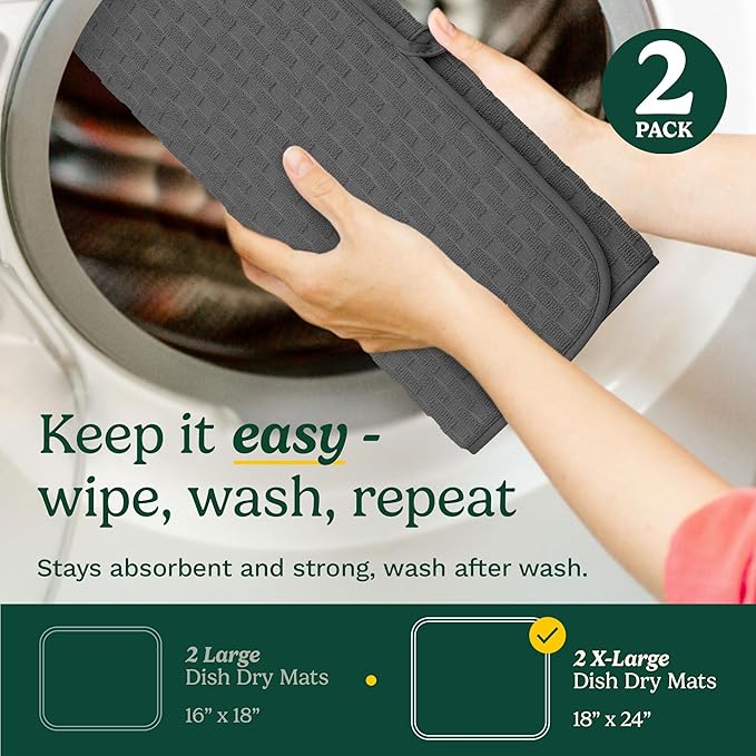 Cuisinart Dish Drying Mats for Kitchen Counter - (2) 18" x 24" Ultra Absorbent Dish Drying Mat XL - Foldable, Machine Washable, Fast Drying Dish Mat (Cascading Check)