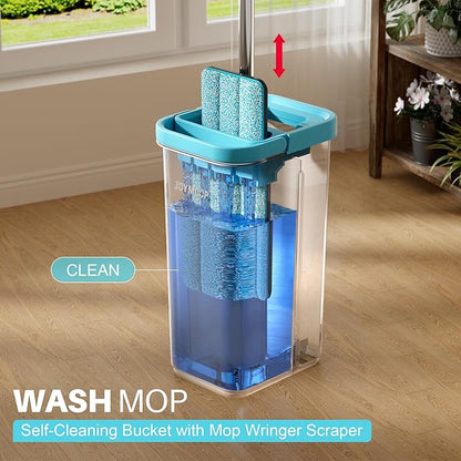 JOYMOOP Mop and Bucket Set with Wringer, with 5 Reusable Microfiber Mop Pads, Mops for Floor Cleaning and Wall Cleaning, Hands-Free Flat Mop for Home Use - Grey+Cyan Blue
