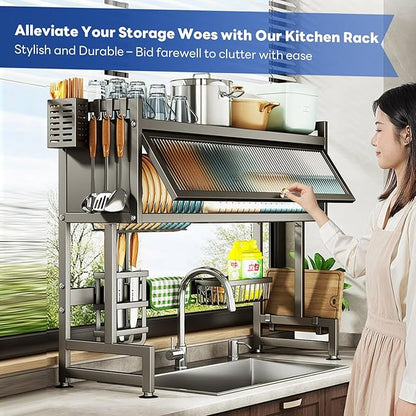 Hdrriozu Over the Sink Dish Drainer Drying Rack 3 Tier Over Sink Dish rack for a Tidy Kitchen Sink Shelf Organized Space-Saving Dish Rack with Cover for Dishes, Glasses, Bowls, and Cutlery