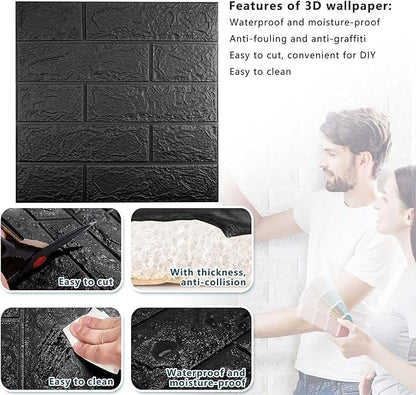 40 PCS Black 3D Wall Panels, 58 sq.feet Coverage Printable Wallpaper Sticker with Self-Adhesive Waterproof Brick PE Foam Wall Panels Peel and Stick for Interior Wall Decor, Home Decoration