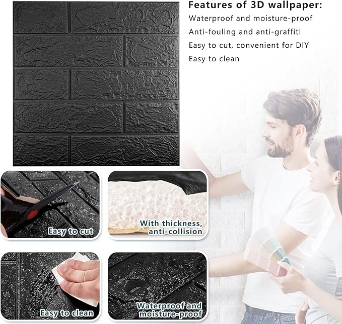 20 PCS Black 3D Wall Panels, 29 sq.feet Coverage Printable Wallpaper Sticker with Self-Adhesive Waterproof Brick PE Foam Wall Panels Peel and Stick for Interior Wall Decor, Home Decoration