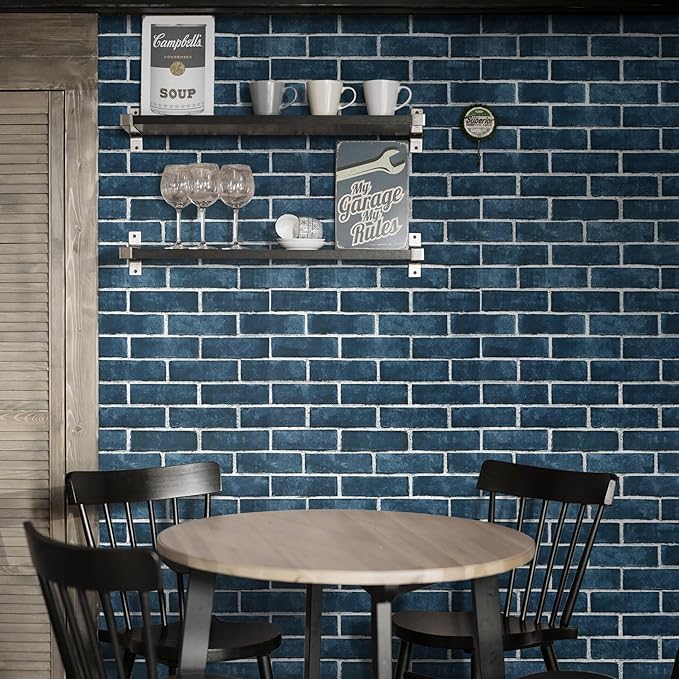 HeloHo 17.7" X 394" Blue Brick Wallpaper Peel and Stick Self-Adhesive Removable 3D Textured Wall Paper for Kitchen Backsplash Living Room Bedroom Decor