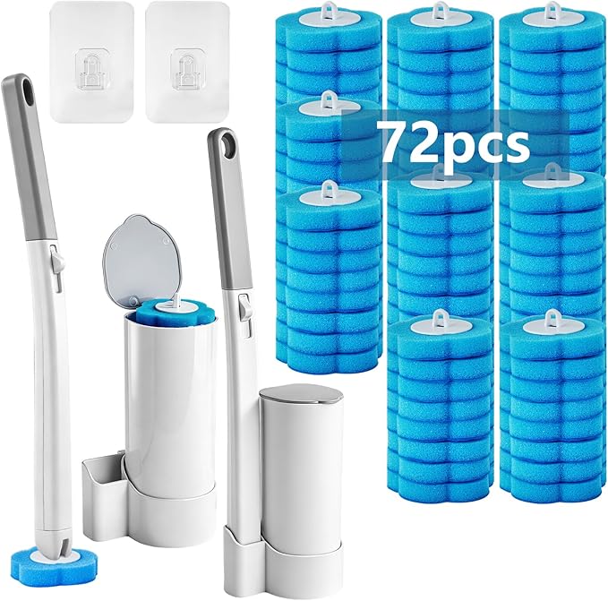 Disposable Toilet Brush and Holder Set, 2 Pack Toilet Wand Kit with 72 Refills, Wall Mounted Toilet Bowl Cleaner System Kit, Toilet Scrubber for Bathroom Cleaning Sink Bathtub