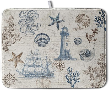 Nautical Coastal Dish Drying Mat for Kitchen Counter Summer Ocean Sailboat Starfish Seashell Absorbent Microfiber Dish Mat Reusable Washable Dish Drainer Rack Mat 18x24 Inch