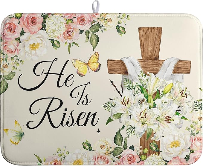 Easter He Is Risen Dish Drying Mats Spring Floral Dish Mat Easter Cross Drying Matt Dishes Dryer Pad for Kitchen Counter Absorbent Microfiber Washable Foldable Reusable 18x24 in