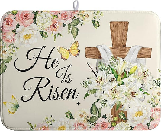 Easter He Is Risen Dish Drying Mats Spring Floral Dish Mat Easter Cross Drying Matt Dishes Dryer Pad for Kitchen Counter Absorbent Microfiber Washable Foldable Reusable 18x24 in