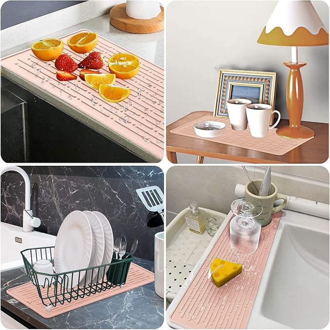 GeeRic Dish Drying Mats, Heat-resistant Silicone Mat for Kitchen Counter, Non-Slip Dish Dry Mat Dishwasher Safe Large, Pink