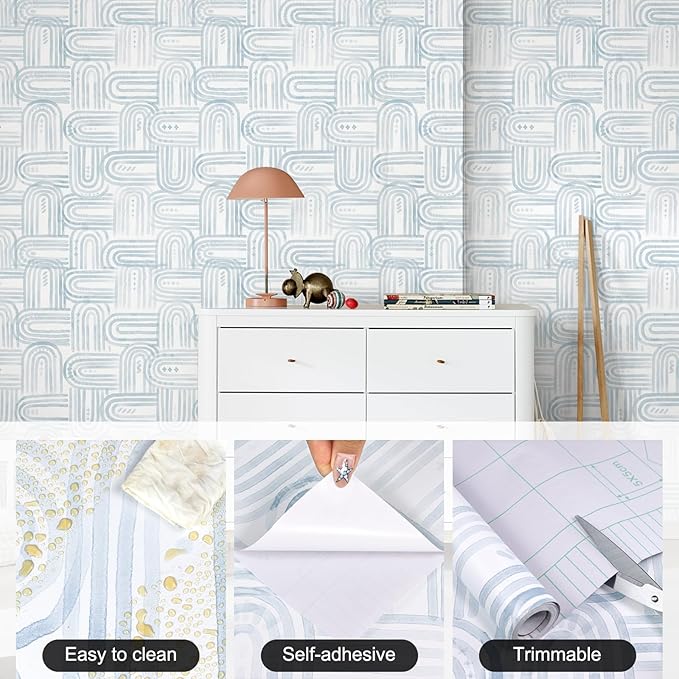 Modern Peel and Stick Wallpaper Light Blue Wallpaper 17.3" x 480" Boho Abstract Geometric Contact Paper Waterproof Wall Paper for Bedroom Cabinets Furniture Vinyl