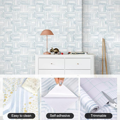 Modern Peel and Stick Wallpaper Light Blue Wallpaper 17.3" x 120" Boho Abstract Geometric Contact Paper Waterproof Wall Paper for Bedroom Cabinets Furniture Vinyl