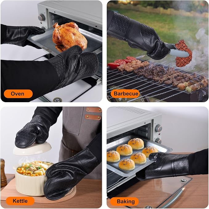 Extra Long Silicone Oven Mitts, Heat Resistant Oven Gloves with Quilted Liner Non-Slip Textured Grip Perfect for BBQ, Baking, Cooking and Grilling - 1 Pair 20 Inch Black