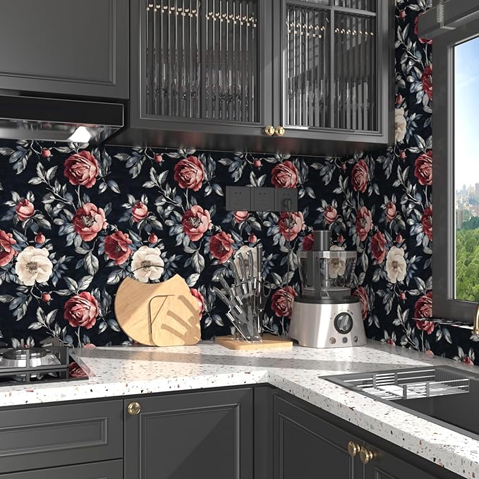 Fvlow Black Floral Wallpaper Peel and Stick 17.4" x 118" Dark Floral Contact Paper Red and White Flowers Vintage Waterproof Self Adhesive Covering for Bedroom Cabinet Bathroom Home Decor