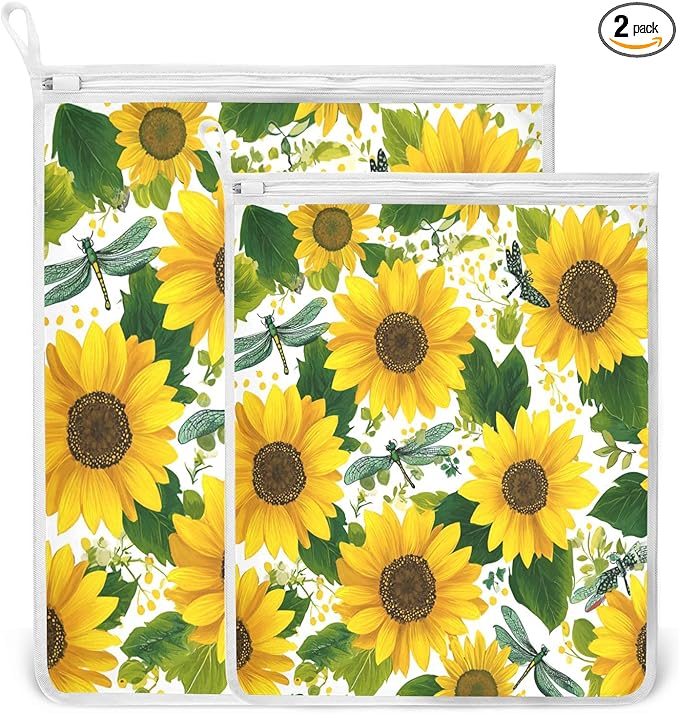 Mesh Laundry Bags Lingerie Bags for Washing Delicates 2 PCS Durable Wash Bag with Zipper Small and Medium Washable Cute Yellow Sunflowers and Dragonflies