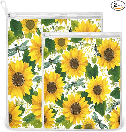 Mesh Laundry Bags Lingerie Bags for Washing Delicates 2 PCS Durable Wash Bag with Zipper Small and Medium Washable Cute Yellow Sunflowers and Dragonflies