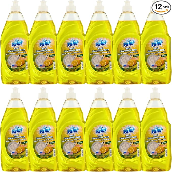 Valor Dishwashing Liquid, 25 fl oz – Dish Soap for Kitchen & Bathroom, Grease-Fighting, Gentle on Hands, Fast Rinse, Eco-Friendly Biodegradable Formula (25 fl oz (Pack of 12), Lemon)