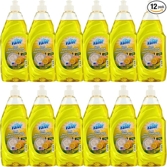 Valor Dishwashing Liquid, 25 fl oz – Dish Soap for Kitchen & Bathroom, Grease-Fighting, Gentle on Hands, Fast Rinse, Eco-Friendly Biodegradable Formula (25 fl oz (Pack of 12), Lemon)