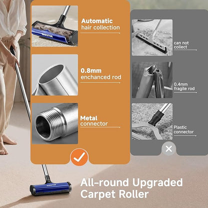 Carpet Hair Removal Tool, Carpet Sweeper for Pet Hair, Reusable Carpet Roller Rug Rake, Pet Fur Remover with Dust Container, 5 Feet Long Handle for Carpet, Rugs, Mats