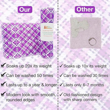 Pack of 10 Reusable Paper Towels | 10x10 Inch Cotton Towels | Kitchen Utensils Print | Eco Friendly, Washable, Quick Drying | Sustainable Cleaning Cloths | Purple Chex