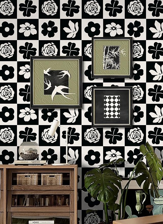 Dimoon 17.3''x78.7'' Peel and Stick Wallpaper Black White Floral Contact Paper Geometric Retro Vintage Thickening Embossed Cream Flower Renter Friendly Wall Paper Boho Aztec Bedroom Vinyl Wrap Roll