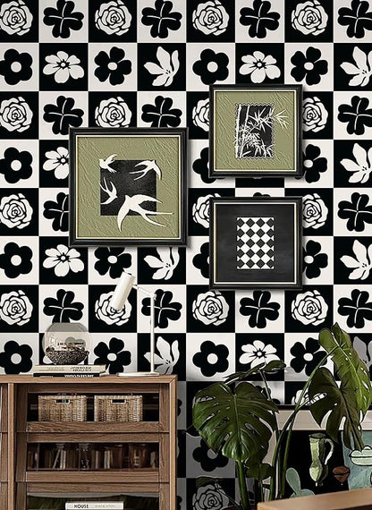 Dimoon 17.3''x78.7'' Peel and Stick Wallpaper Black White Floral Contact Paper Geometric Retro Vintage Thickening Embossed Cream Flower Renter Friendly Wall Paper Boho Aztec Bedroom Vinyl Wrap Roll