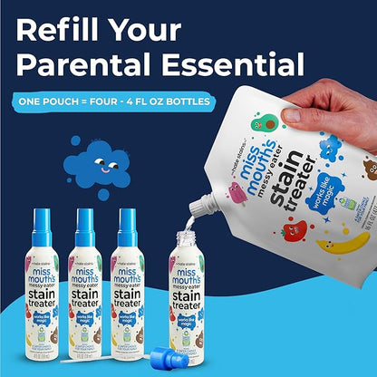 Miss Mouth’s Messy Eater Stain Treater Refill Ready Kit - 2 Pack Stain Remover Spray and 16oz Refill Pouch - Newborn & Baby Essentials - Food, Grease, Coffee Off Laundry, Underwear, Fabric