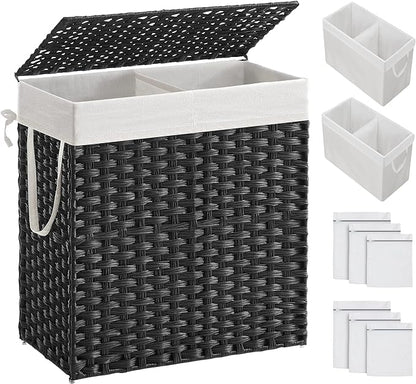 SONGMICS Laundry Hamper with Lid, 110L Clothes Hamper with 2 Removable Liner Bags, 6 Mesh Bags, Wicker Laundry Basket, Double Laundry Hamper for Laundry Room, 13 x 22.4 x 23.6 Inches Black ULCB52BK