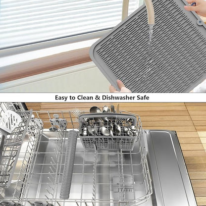 ZLR 2 Pcs Large Silicone Dish Drying Mat (16" x 18") - XL Heavy Duty Drainboard Mat for Pots, Pans & Family Loads - Heat Resistant Trivet & Counter Protector, Easy Clean (Dark Gray)