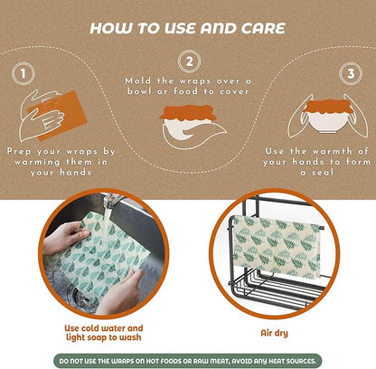 Akeeko Reusable Beeswax Food Wraps - Assorted 9 Packs, Reusable, Plastic-Free Food Storage, 5 Small, 2 Medium, 1 Large Wraps, 1 Extra Large with Tropical Leave Pattern