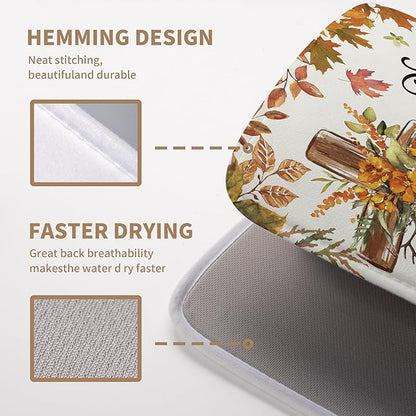 Fall Drying Mat for Kitchen Counter Autumn Thanksgiving Pumpkin Cross Dish Mat Sunflower Maple Leaf Absorbent Microfiber Dish Draining Mat Reusable Dishes Pad Extra Large 18"x24"