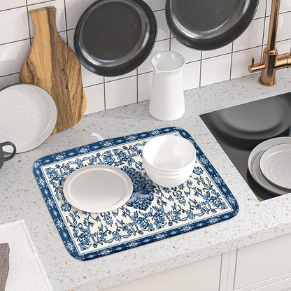 Blue Floral Dish Drying Mat for Kitchen Counter 16x18 Chinoiserie Flower Print Vintage Absorbent Reversible Microfiber Drying Mats Kitchen Countertop Protector Dishes Drainer Rack Pad