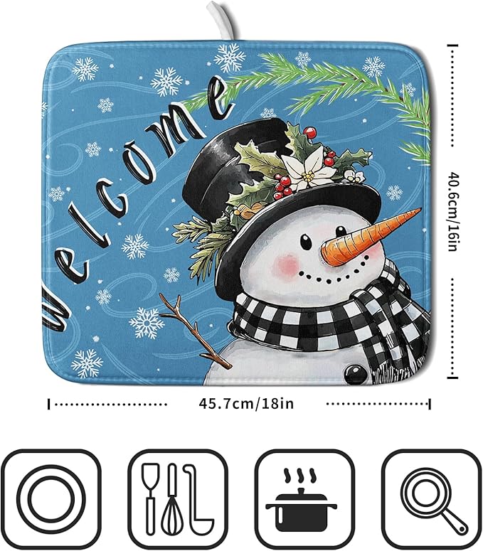 Christmas Snowman Dish Drying Mat for Kitchen Counter 16x18 Blue White Snowflake Welcome Winter Holiday Absorbent Reversible Microfiber Drying Mats Kitchen Countertop Protector Dishes Drainer Rack Pad